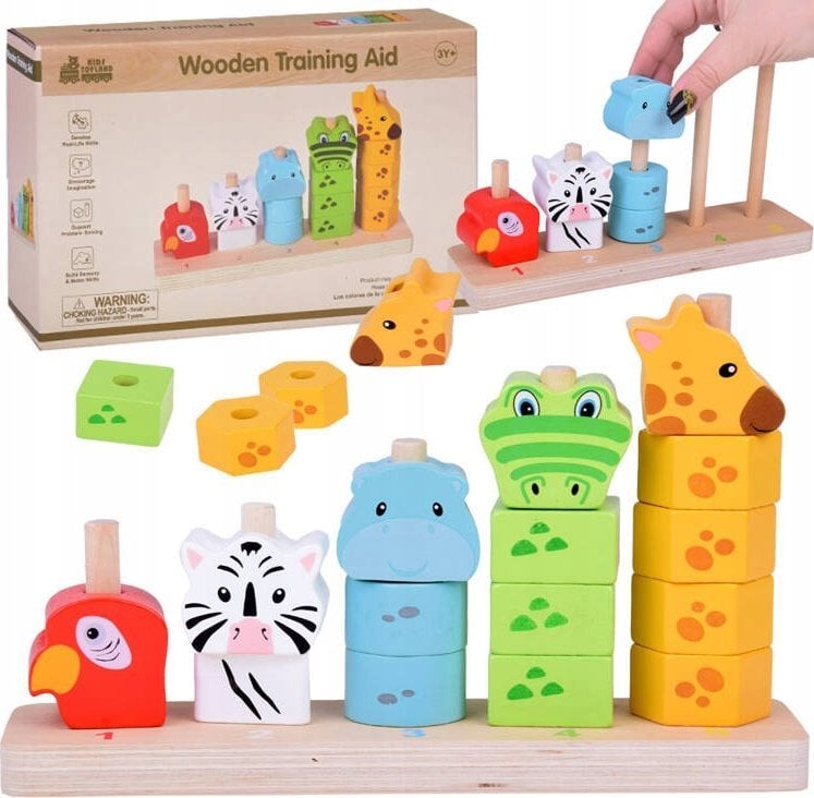 Kolorowa Piramidka Drewniana Klocki Zwierzątka Edukacyjne ZA5369
