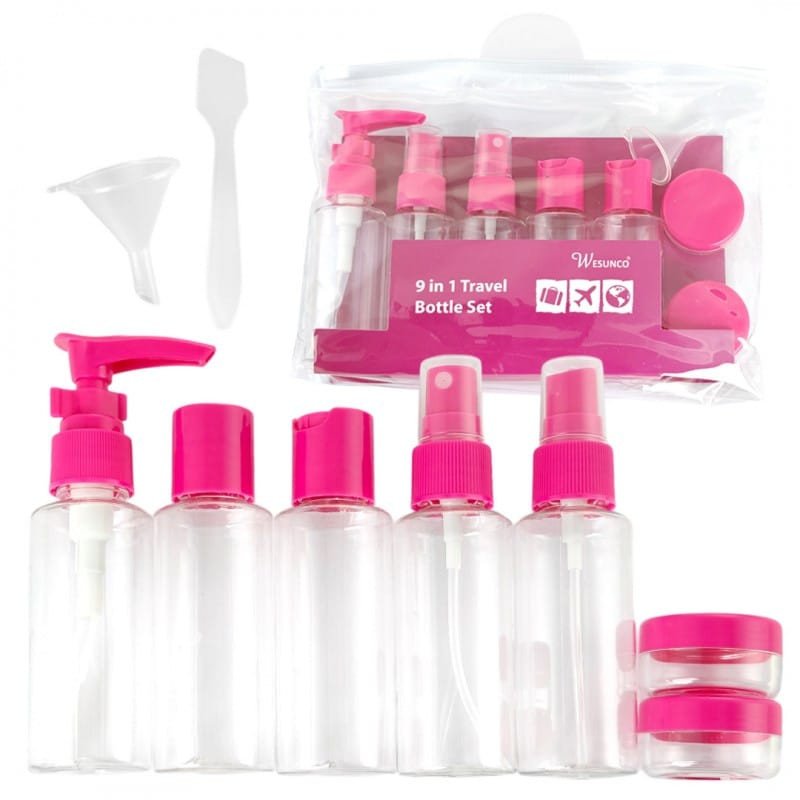 Zestaw pojemniczków i akcesoriów podróżnych 9w1 fuksja KS136F