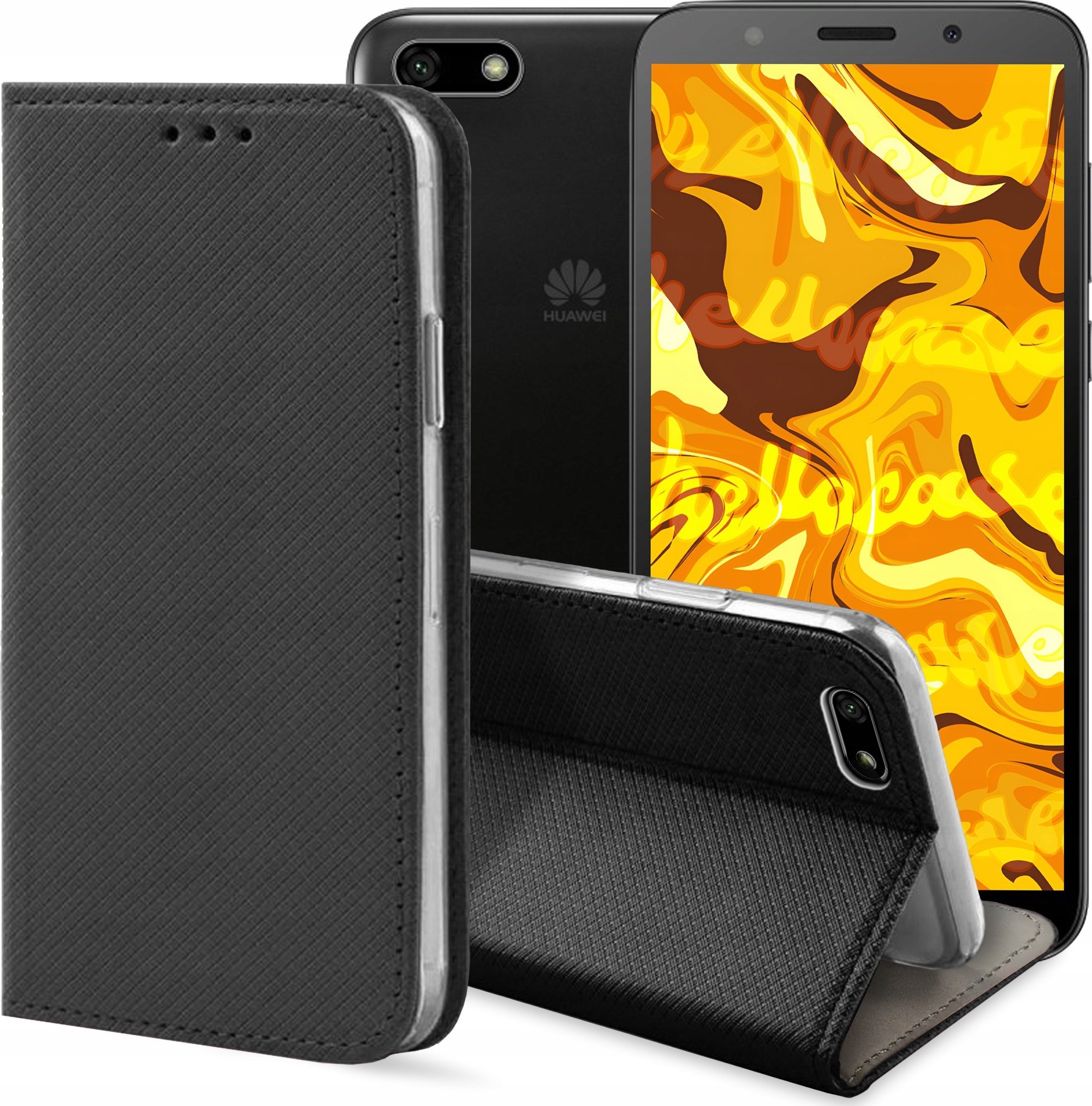 Hello Case ETUI Z KLAPKĄ DO HUAWEI Y5 2018 CZARNE ZAMYKANE MAGNETYCZNE KABURA FUTERAŁ