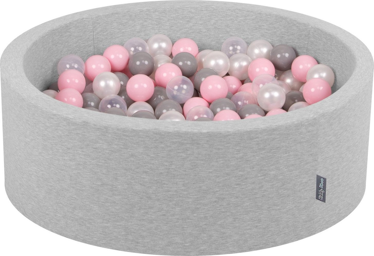 KiddyMoon KiddyMoon Suchy basen okrągły z piłeczkami 7cm jasnoszary: perła-szary-transparent-pudrowy róż 90x30cm/200piłek Zabawka basen piankowy