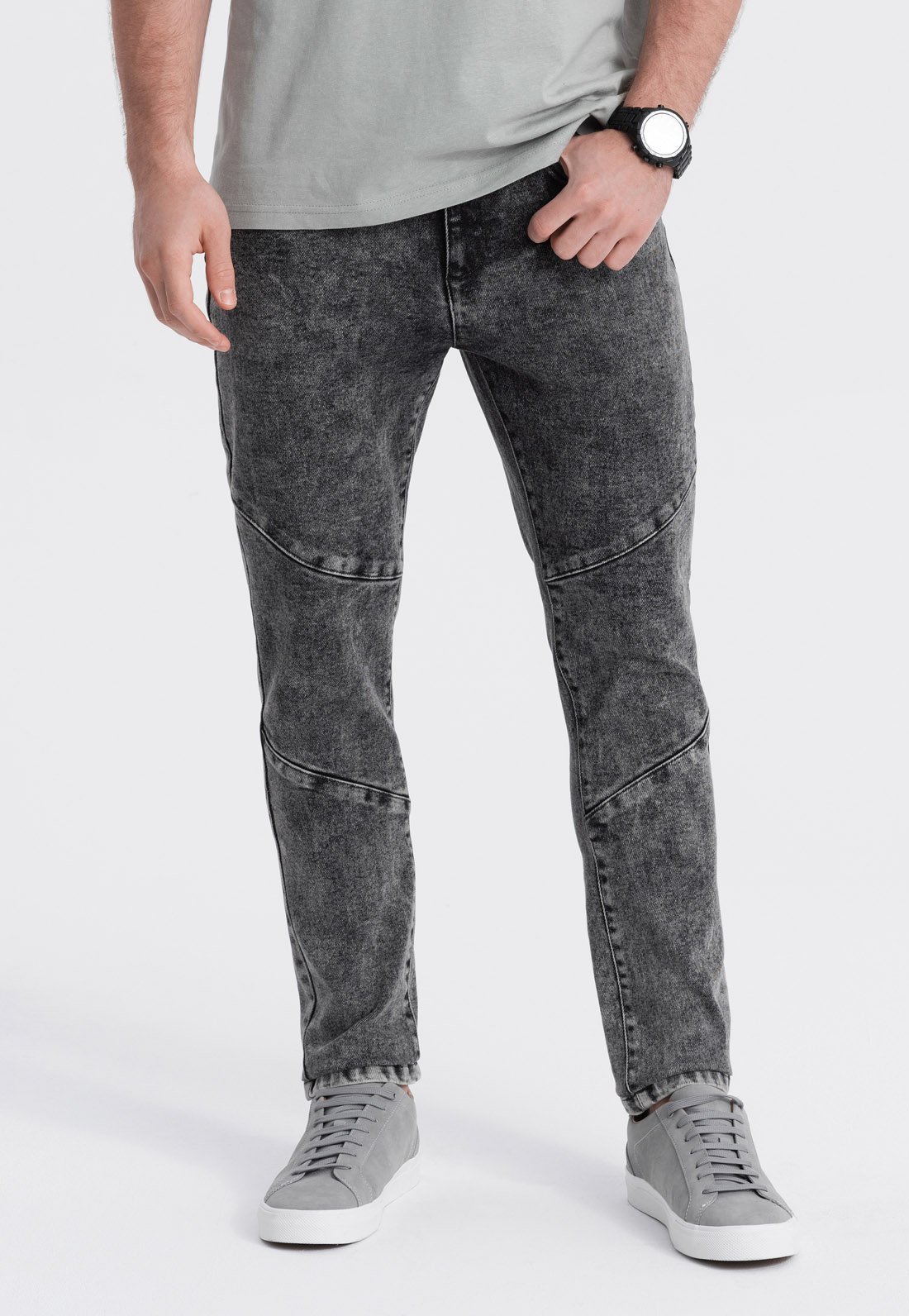 Ombre Spodnie męskie jeansowe slim fit z przeszyciem na kolanach - szary V3 OM-PADP-0109 XXL