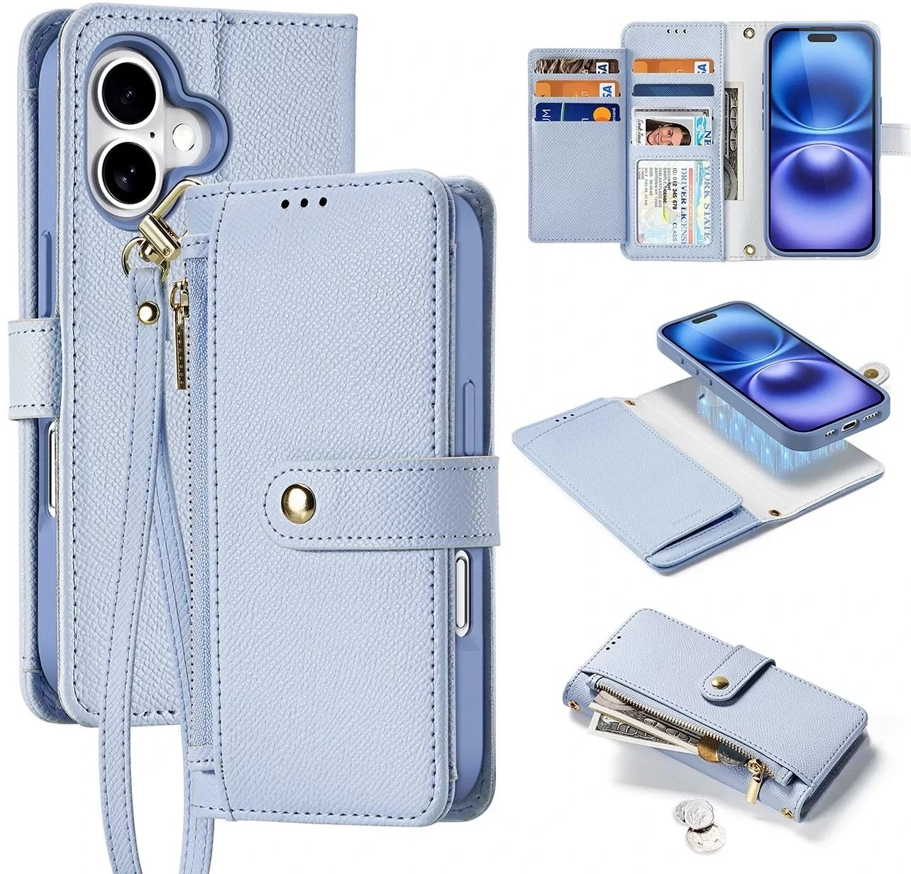 Etui skórzane do iPhone 16 Dux Ducis Lawa z portfelem MagSafe błękitne