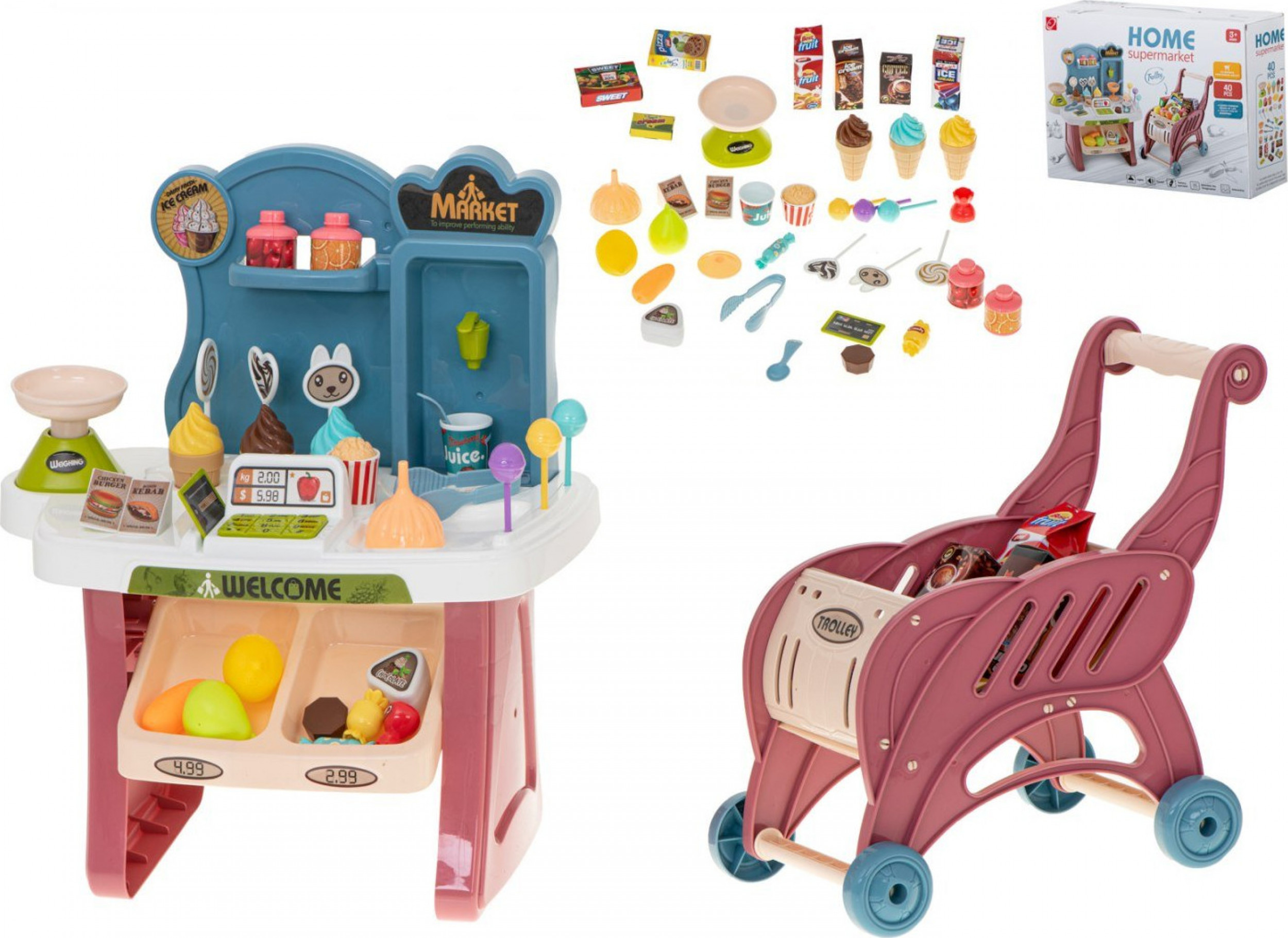 DWM SUPERMARKET SKLEP KASA FISKALNA + WÓZEK RÓŻ 40EL.