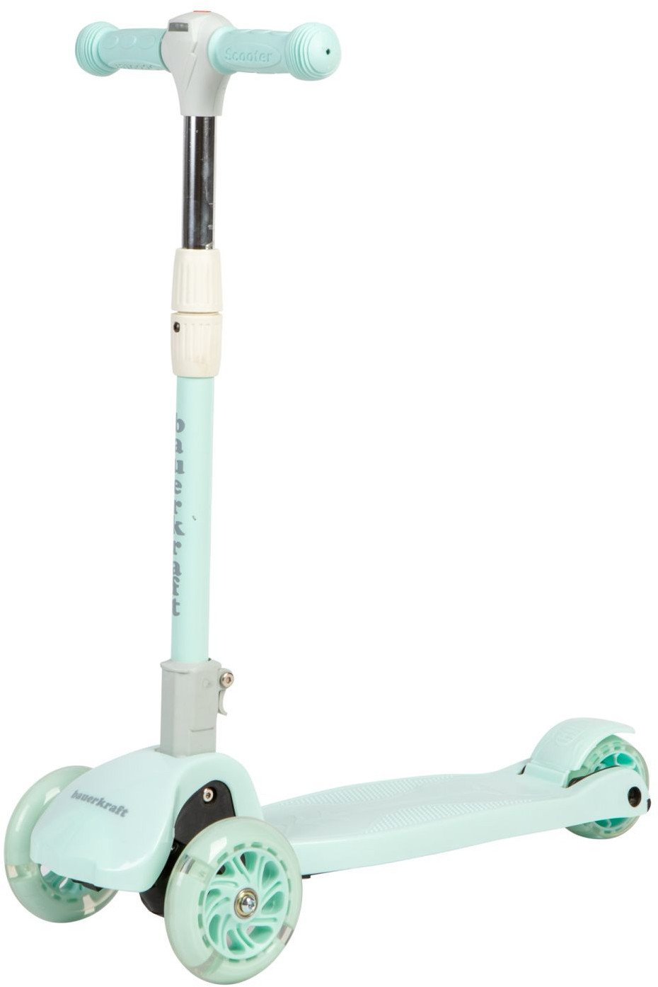 Seledynowa balansowa hulajnoga składana trójkołowa ze świecącymi kołami LED