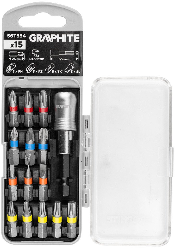 Zestaw bitów SL3/4/5, PH1/2/3, PZ1/2/3, TX10/15/20/25/30 x 25 mm, z uchwyt. magnet. 65 mm, 15 szt.