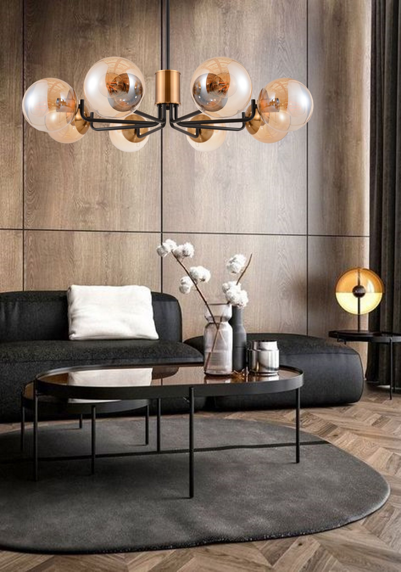 Pendant lamp G. LUX Amber, 8 x E27, black/brass color, o60 cm