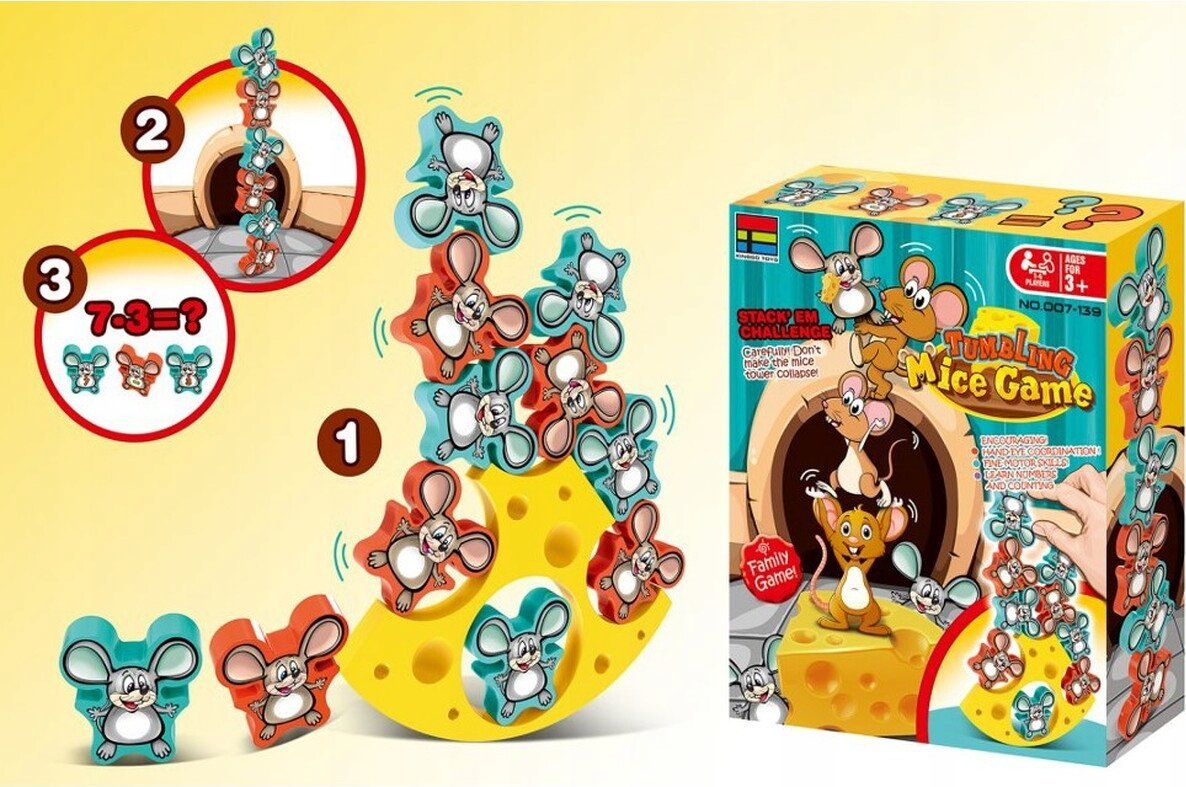 Zręcznościowa Gra BALANSUJĄCE MYSZKI Tumbling Mice Game, Serowa Wieża, Klocki, Układanka
