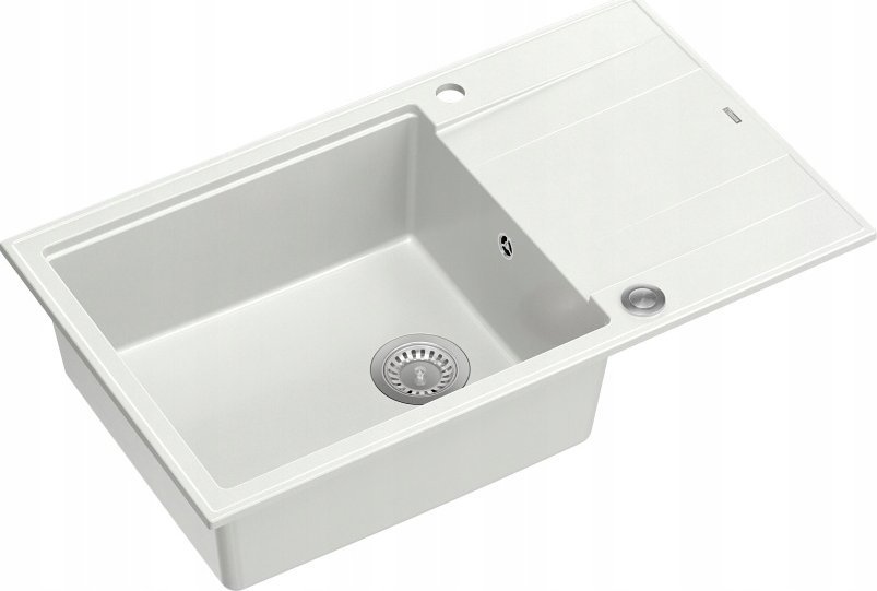 Zlewozmywak GraniteQ EVAN 136 XL GraniteQ zlewozmywak z syfonem Push To Open 1-komorowy z/o (860x500x210; kom. 420x490) snow white / elementy stalowe