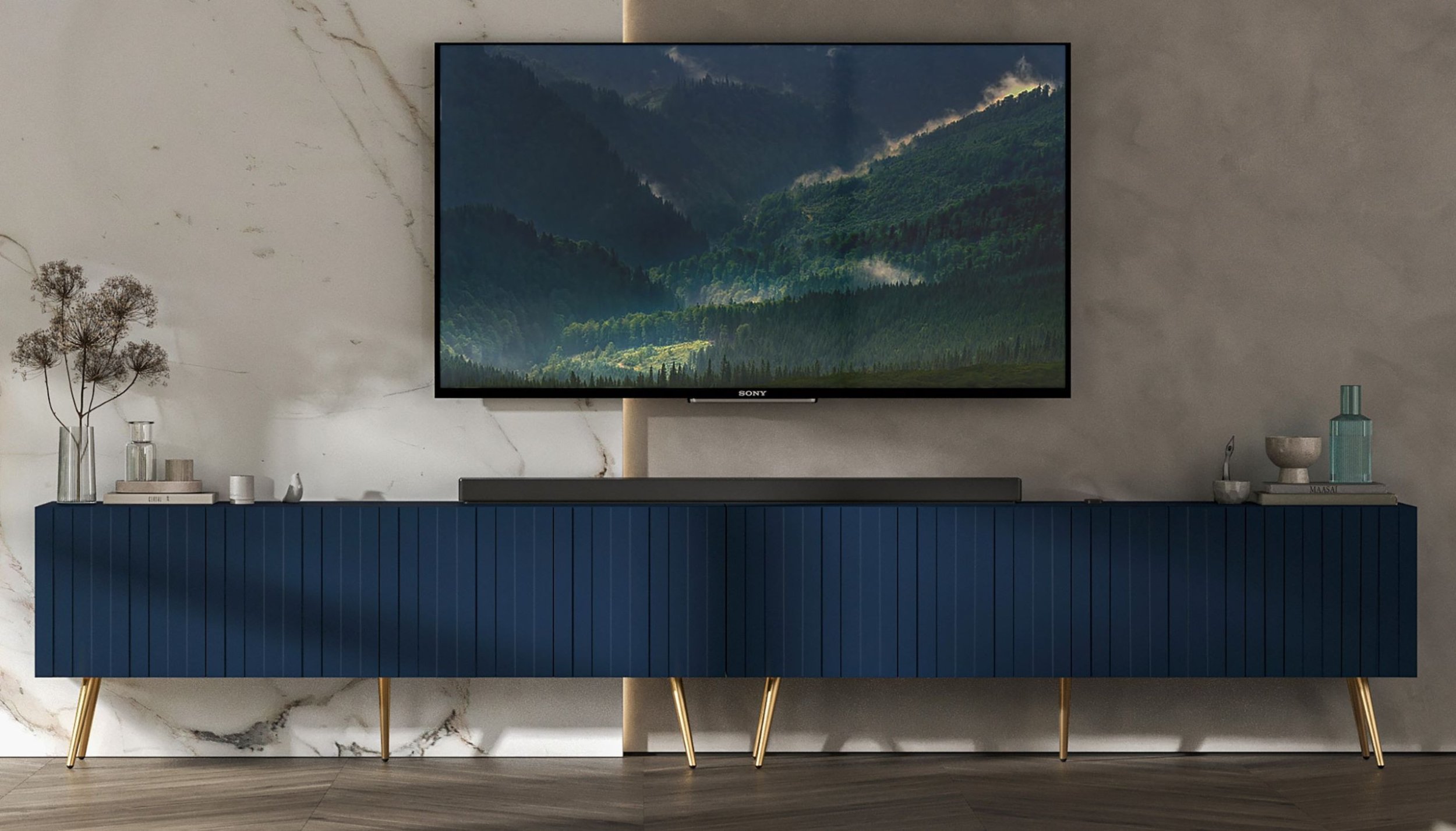 Meble Lindner Loft Szafka RTV Granatowy Mat Nowoczesna Komoda RTV Glamour 300 cm Ryflowane fronty Nogi Złote Metalowe