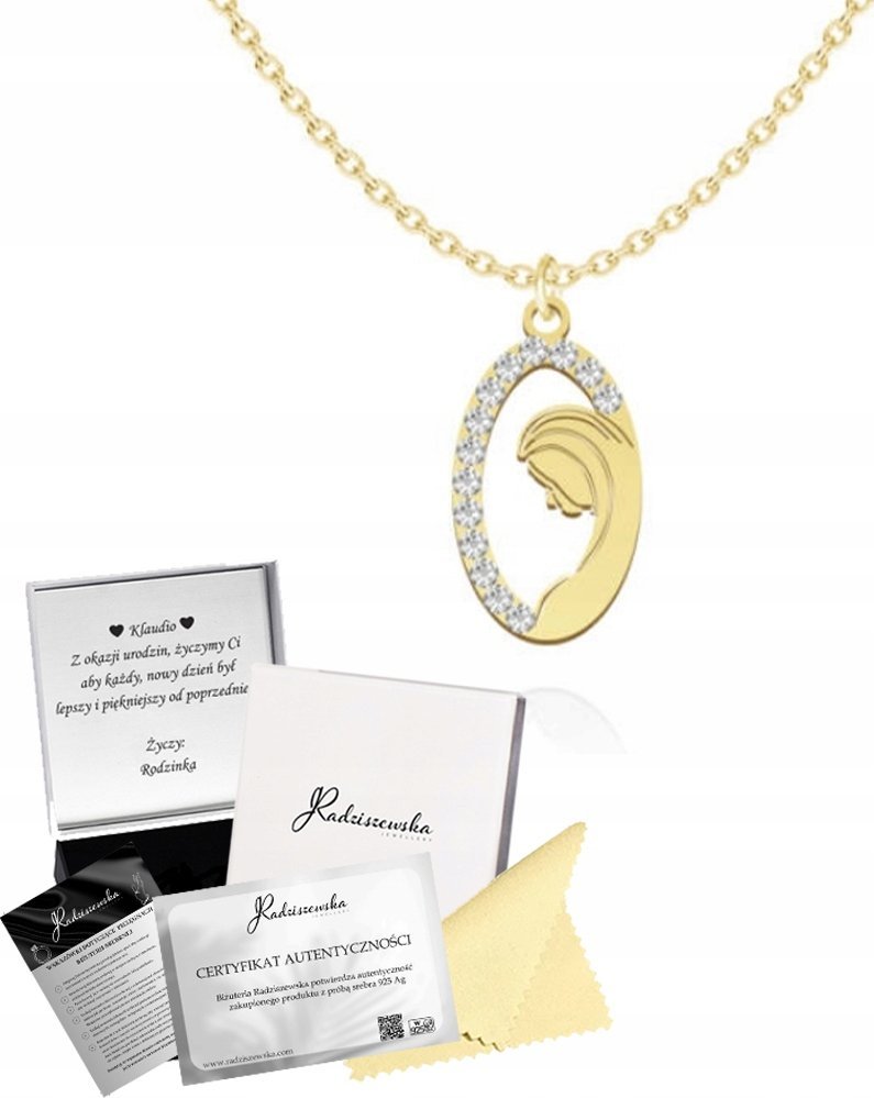 Radziszewska Jewellery Złoty Naszyjnik Matka Boska Medalik Kryształy Srebro 925 Prezent DEDYKACJA