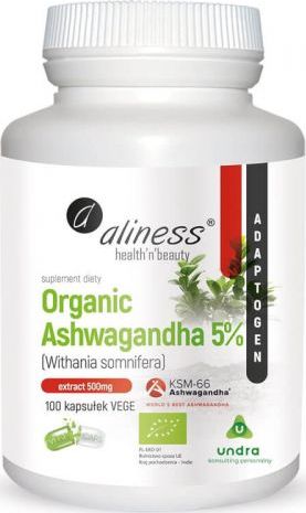 Aliness MedicaLine Organiczna ashwagandha 5% Organic ashwagandha Withania somnifera KSM-66 100 kapsułek Aliness