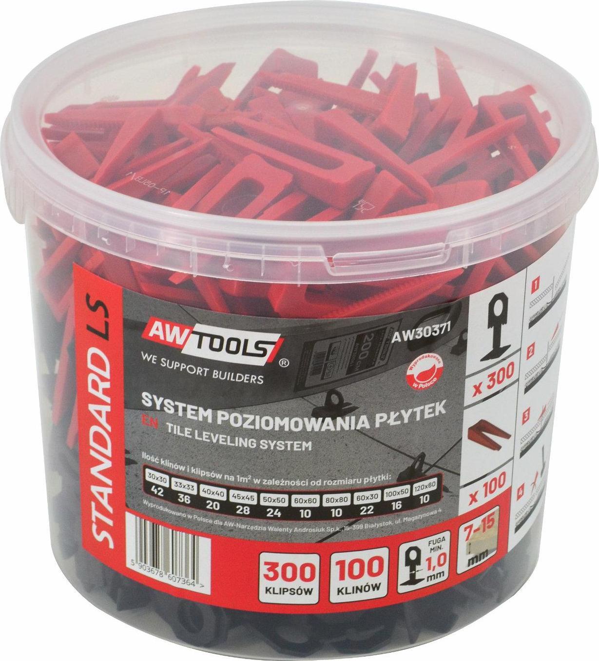 AWTools AWTOOLS SYSTEM POZIOMOWANIA PŁYTEK STANDARD 1,0mm - 7-15mm - KLIPS 300szt. + KLIN 100szt. AW30371