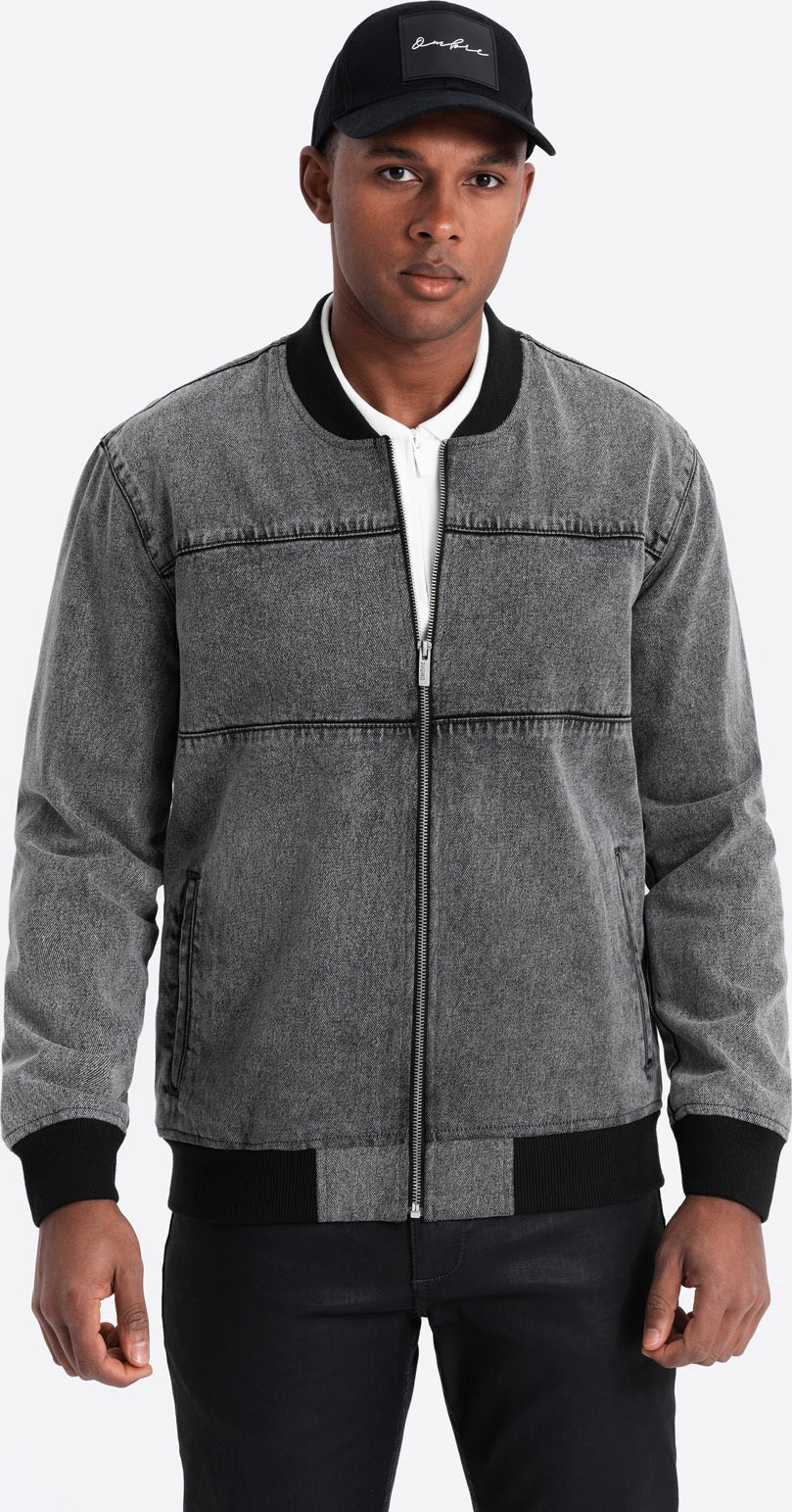 Męska kurtka jeansowa bomberka z efektem stone wash szara V1 OM-JADJ-0163 M