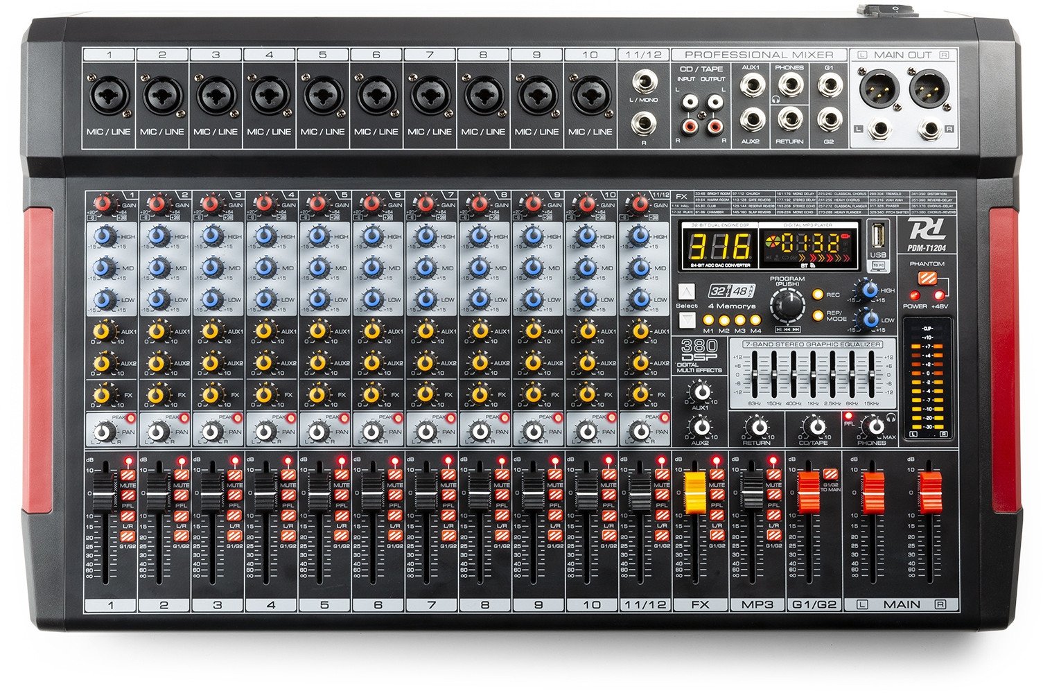 Mikser sceniczny 12-kanałowy PDM-T1204 DSP/MP3 Power Dynamics one size