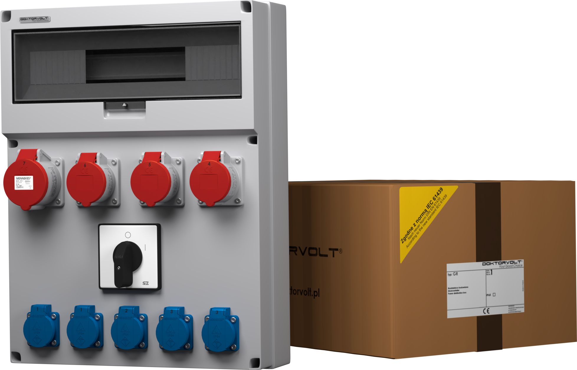 Doktorvolt Rozdzielnica budowlana z łącznikiem GR 32A 3x16A 5x230V Schuko Mennekes Doktorvolt 9061