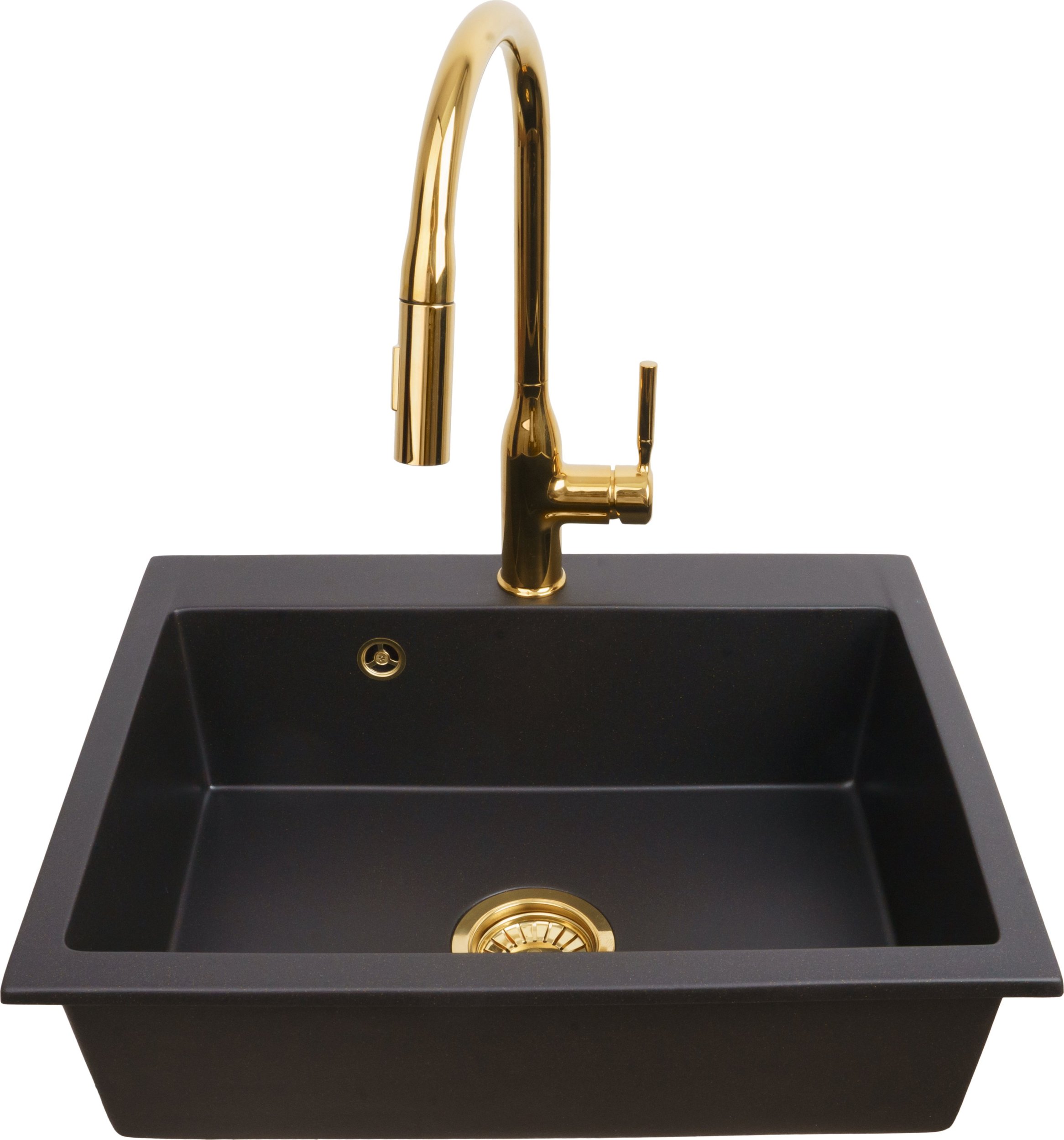 Zlewozmywak PREHNIT Zlewozmywak jednokomorowy ELAN czarny złoty metalik + bateria złota z wyciąganą wylewką roxy