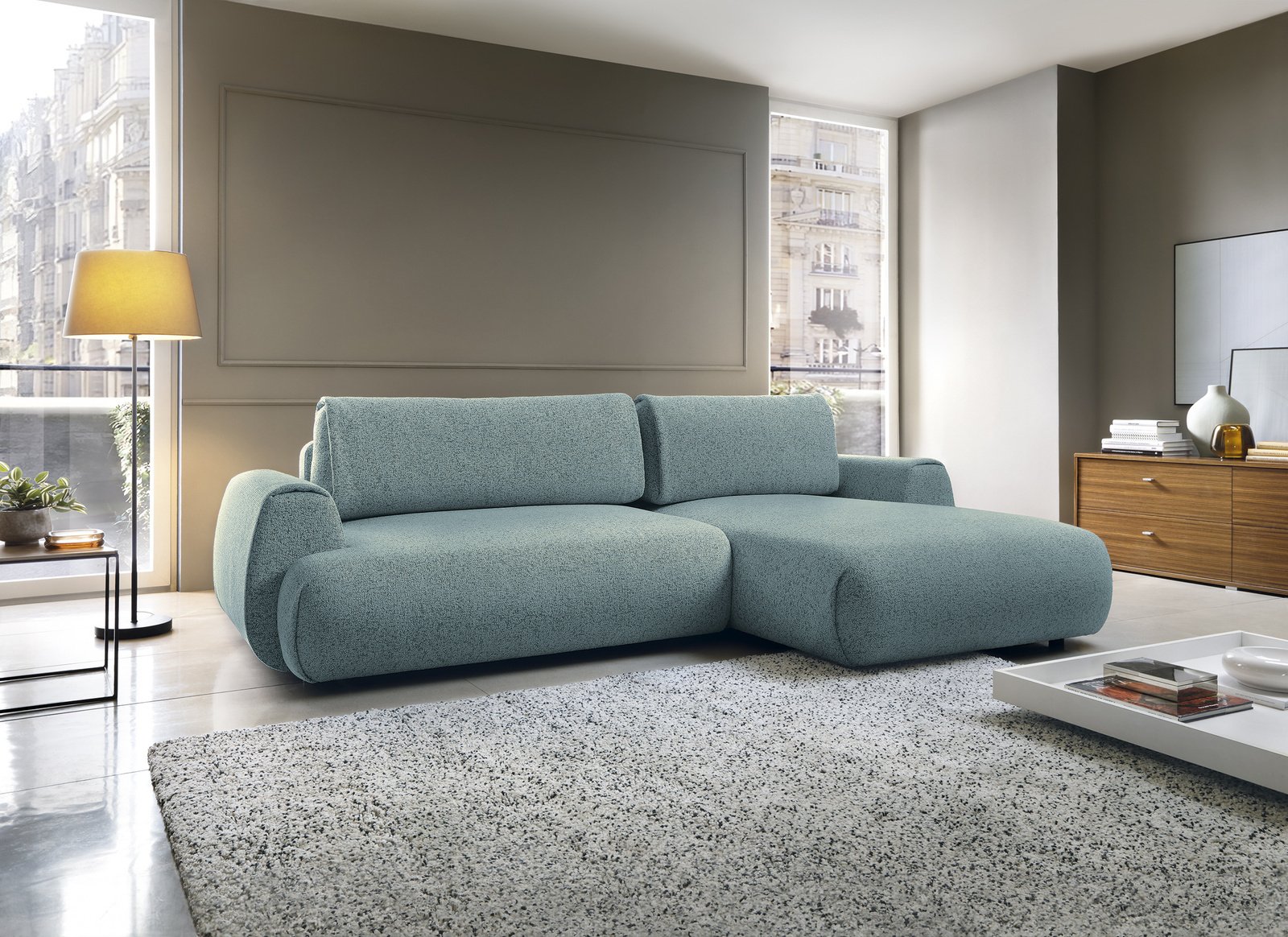 Narożnik VERNIO Puente 73 Lazur Niebieski w kształcie litery L z funkcją spania