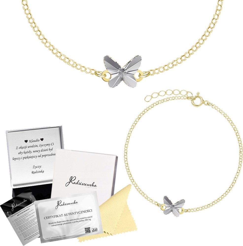 Radziszewska Jewellery BRANSOLETKA ZŁOTA Z MOTYLEM ANKIER KRYSZTAŁ PREZENT KOBIETA ŻYCZENIA GRATIS