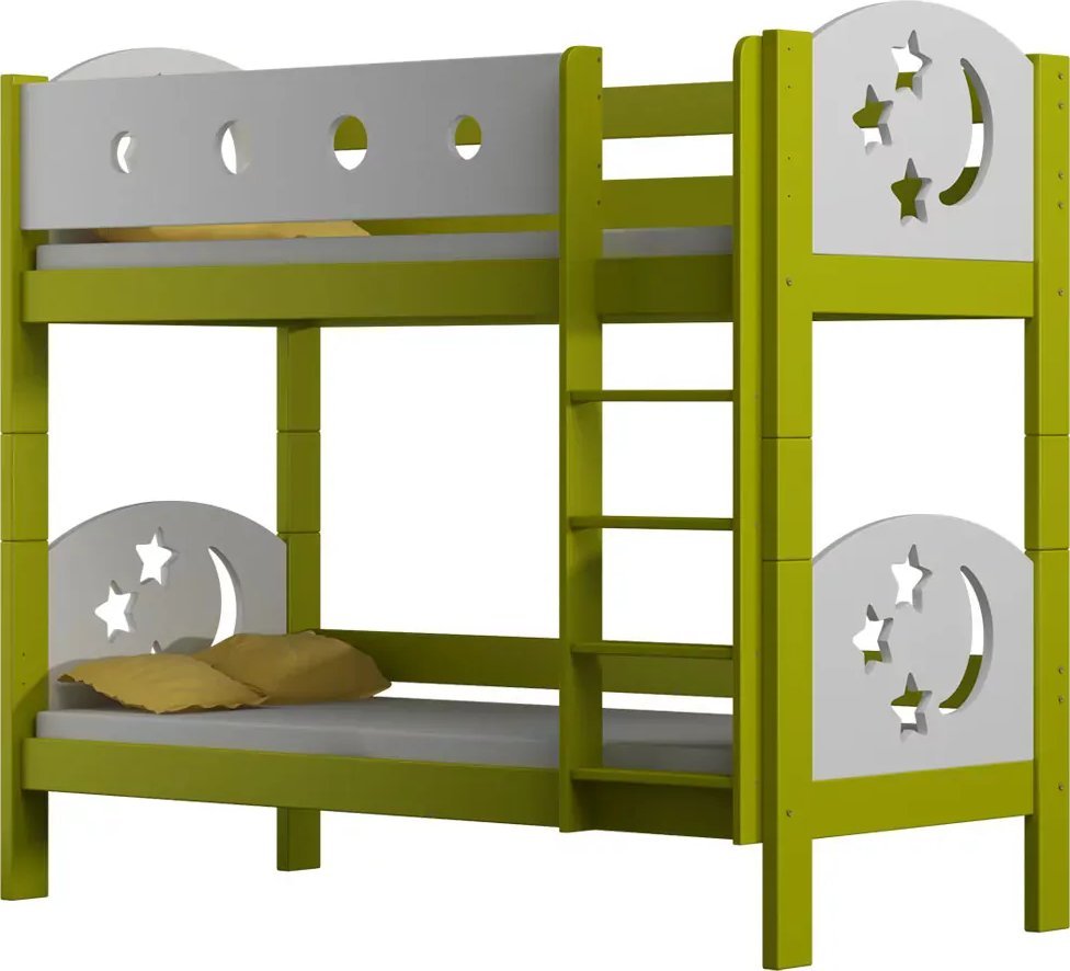 Elior Zielone łóżko piętrowe z barierkami i drabinką - Mimi 3X 190x90 cm
