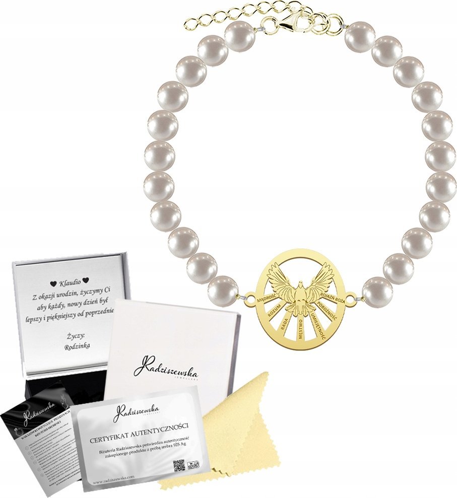Radziszewska Jewellery Bransoletka Złota na Bierzmowanie Duch Święty Perły SREBRO 925 ŻYCZENIA