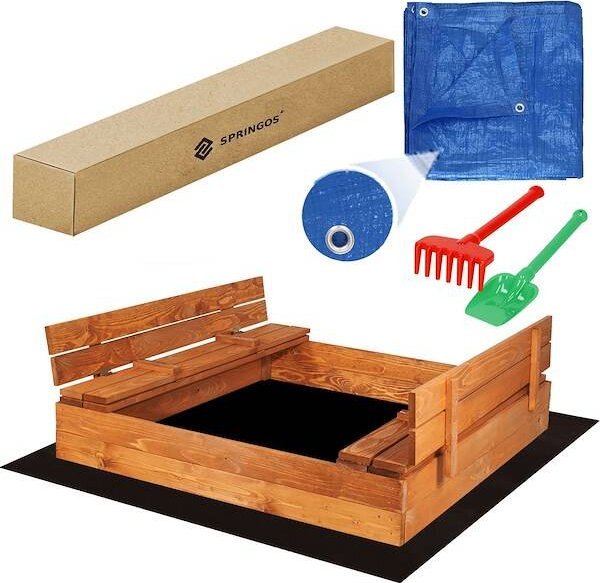 Springos Piaskownica zamykana z ławkami 150x150 cm drewno impregnowane z plandeką i podłożem UNIWERSALNY