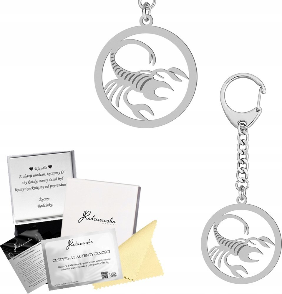 Radziszewska Jewellery BRELOK ZE ZNAKIEM ZODIAKU SKORPION SREBRO 925 PREZENT GADŻET GRAWER