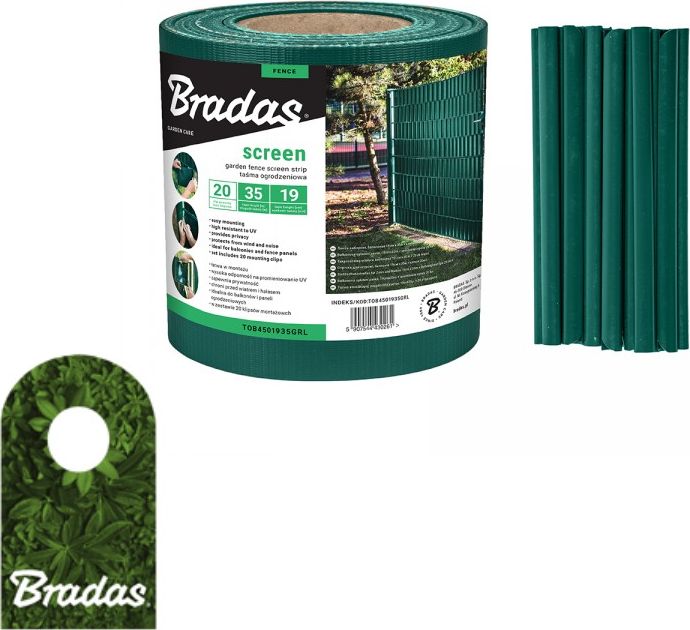Bradas Taśma ogrodzeniowa balkonowa zielona 19cm x 35m + klipsy BRADAS 0261