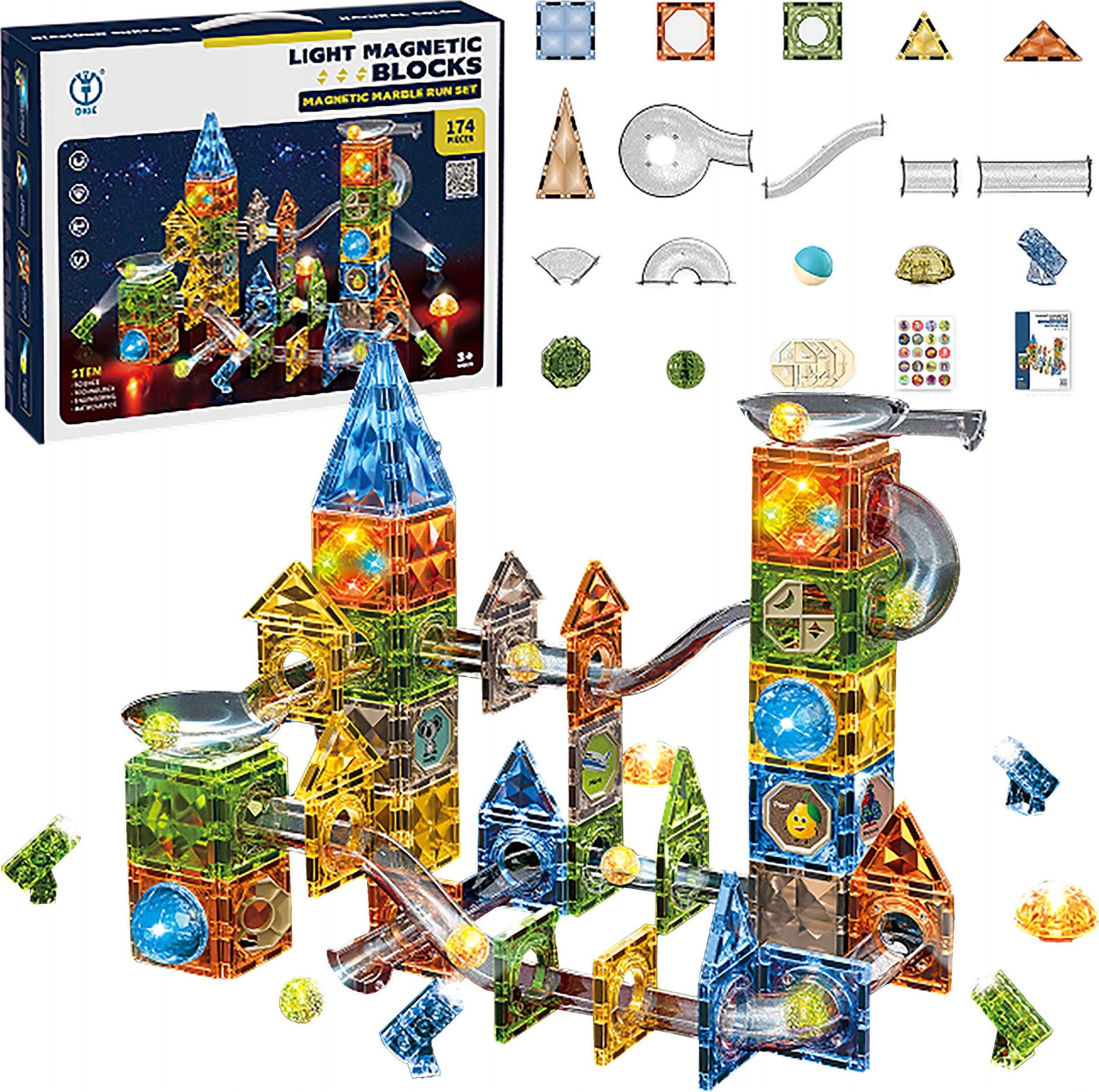 Klocki Magnetyczne Konstrukcyjne TOR KULKOWY Świecące Elementy 174 El. Kulodrom