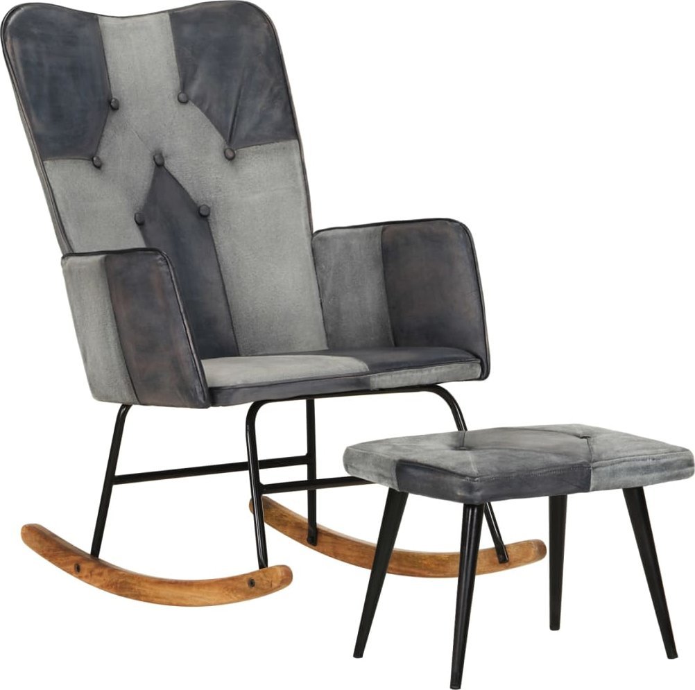 vidaXL vidaXL Fotel bujany z podnóżkiem, szary, skóra naturalna i płótno