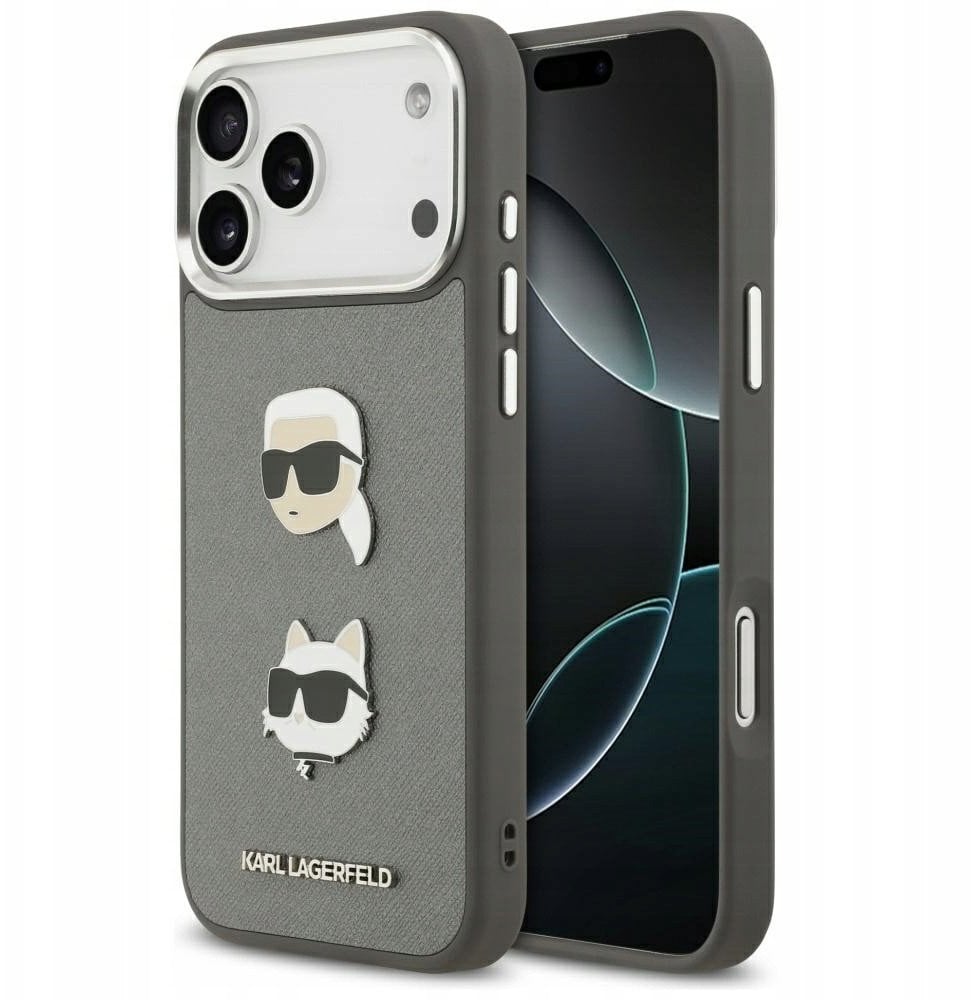 Karl Lagerfeld FW Grained Karl & Choupette Heads Pins & Logo Case for iPhone 17 Pro Max Gray