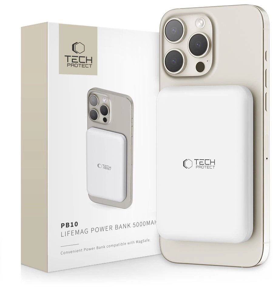 Powerbank Tech-Protect Powerbank LifeMag PB10 z MagSafe 5000mAh 15W port USB-C - biały + kabel USB-C