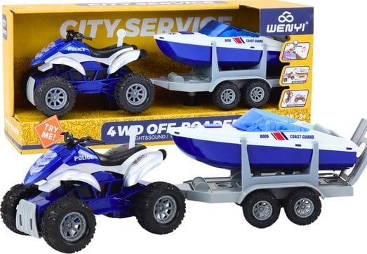 LeanToys Quad Policyjny z Przyczepą do przewozu Łodzi oraz Motorówką