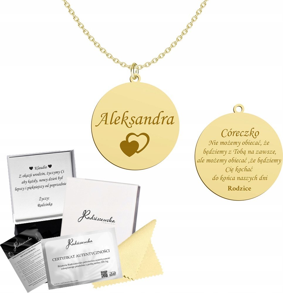Radziszewska Jewellery Złoty Naszyjnik z Imieniem Blaszka Cytat Prezent 925 GRAWER GRATIS