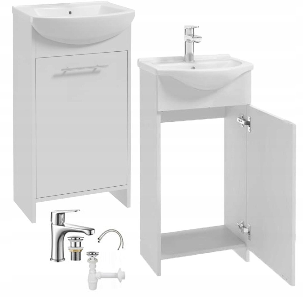 Szafka łazienkowa z umywalką biała z wydłużoną baterią chrom i syfonem 84x45cm