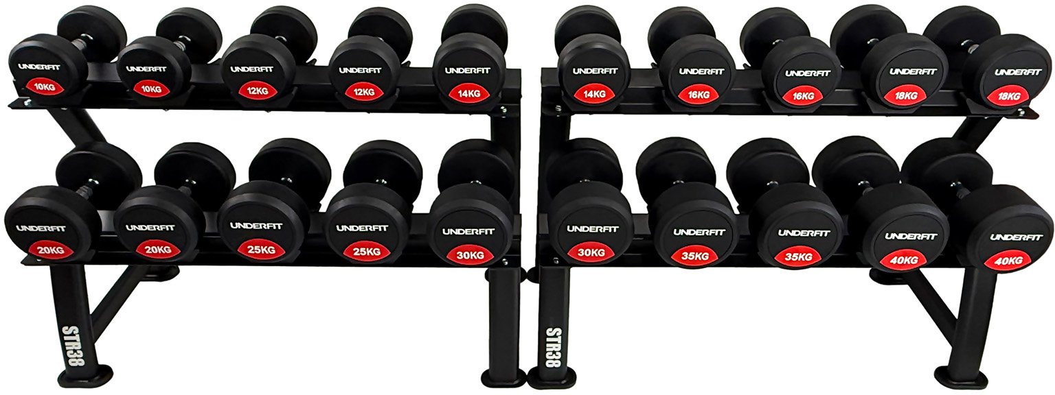 Zestaw hantli gumowanych 2 x 10-40kg 10 par (430 kg) UNDERFIT + 2x stojak