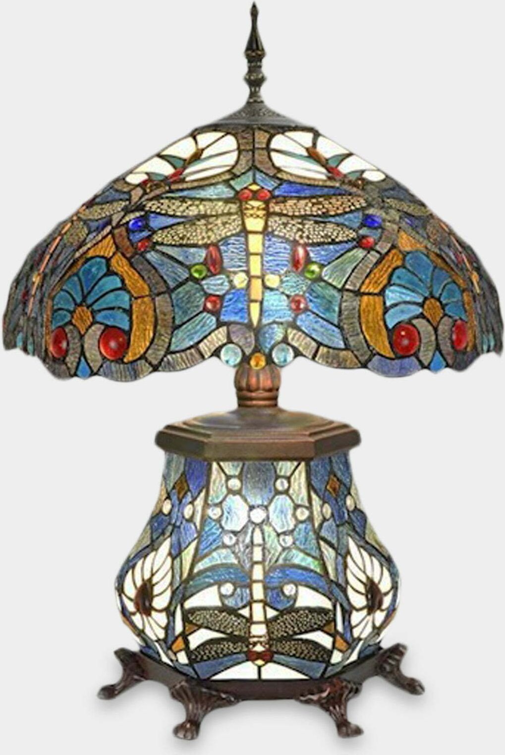 Lampa stołowa rzezbyzbrazu Lampa Witrażowa w Stylu Tiffany ze Świecącą Podstawą Ważka Granatowa