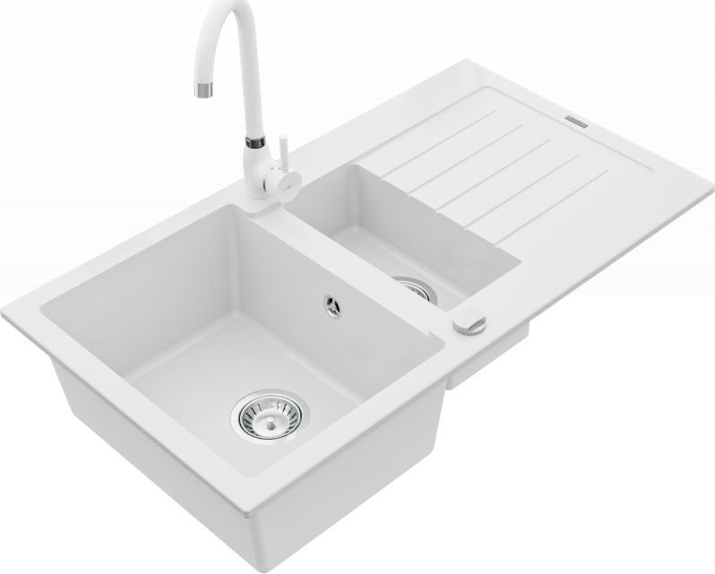 Zlewozmywak Mexen Matias granitowy 1,5-komorowy z ociekaczem i baterią kuchenną Telma, biały - 6502-20-670200-20
