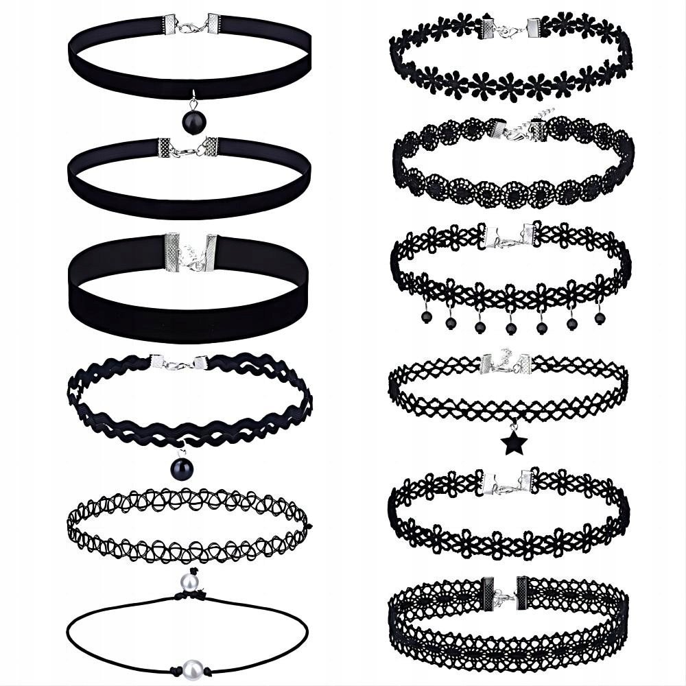 CHOKER KLASYCZNY NASZYJNIK Tatuaż Komplet Zestaw 12 sztuk RÓŻNE WZORY