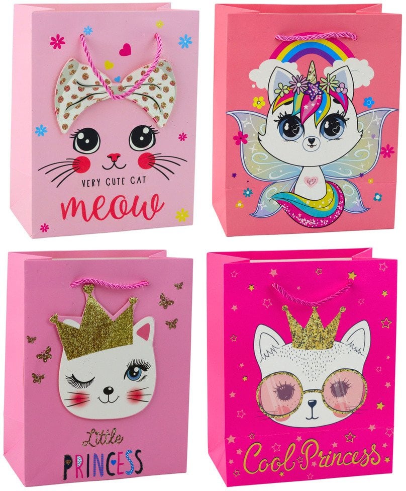 Torba Prezentowa Papierowa Kotki Brokatowa Różowa 23 x 18 x 10,5 cm