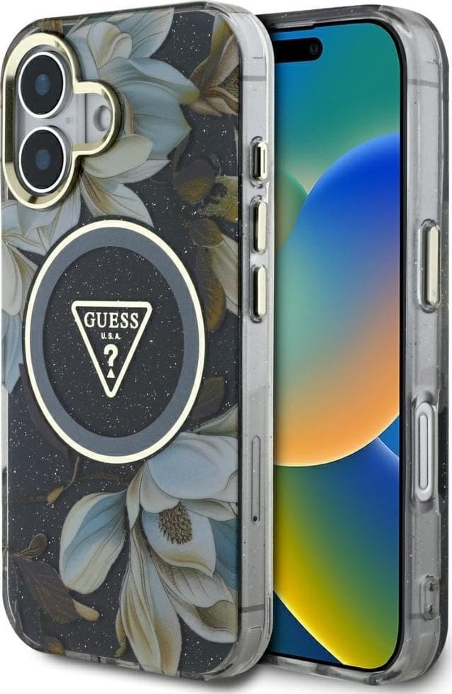 Etui Guess Glitter Flowers Triangle Buttons MagSafe do iPhone 16 czarny