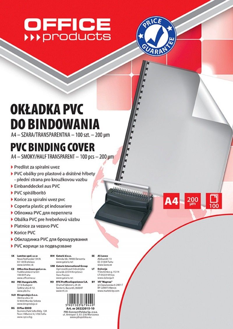 Office Products OKŁADKI DO BINDOWANIA OFFICE PRODUCTS, PVC, A4, 200MIKR., 100SZT., SZARE TRANSPARENTNE 20222015-10