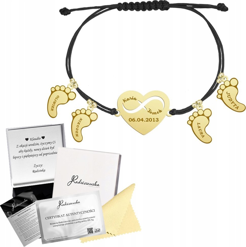 Radziszewska Jewellery Bransoletka Złota STÓPKI SERCE z Grawerem Prezent Dzień Mamy Sznurek 925