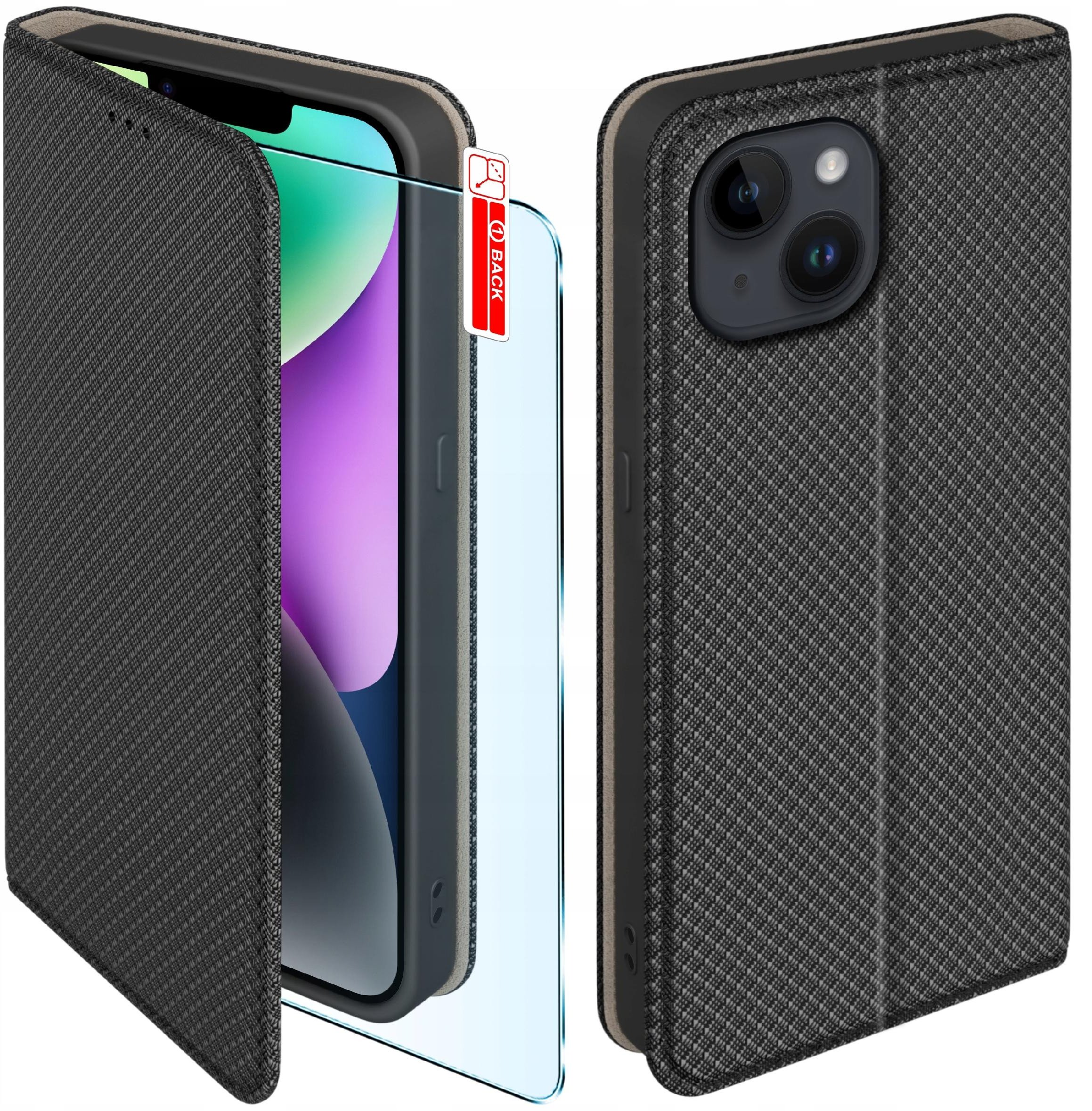 Etui z klapką do iPhone 14 Zamykane Czarne Futerał + Szkło 9H