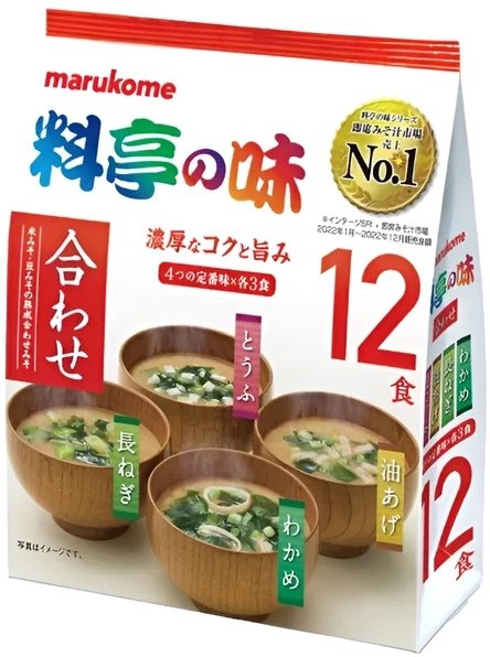 Ryotei No Aji Instant Miso, 4 smaki wakame tofu cebulka (12 x 18g) 216g - Marukome