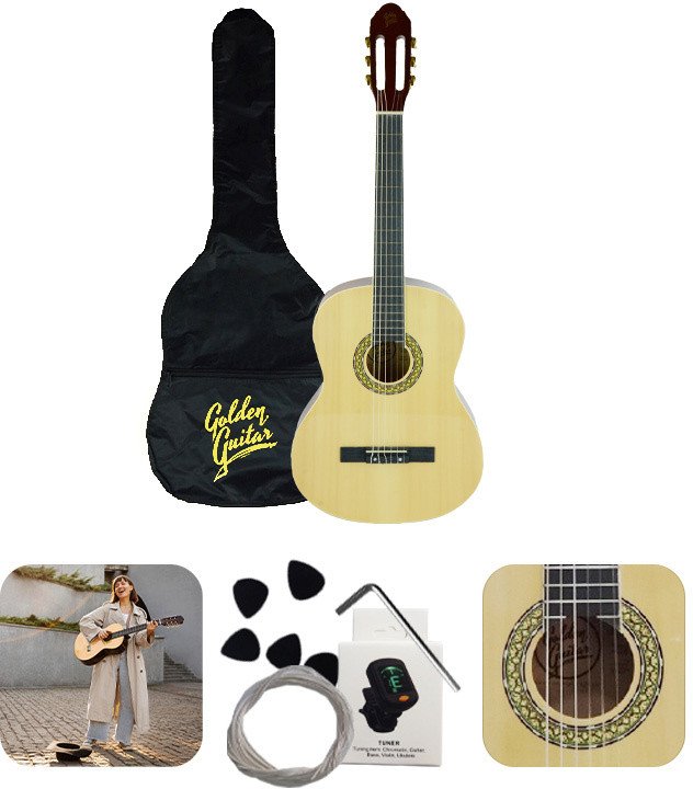 Zestaw: Gitara klasyczna naturalna 4/4 39" Golden Guitar+ pokrowiec tuner struny kostki one size