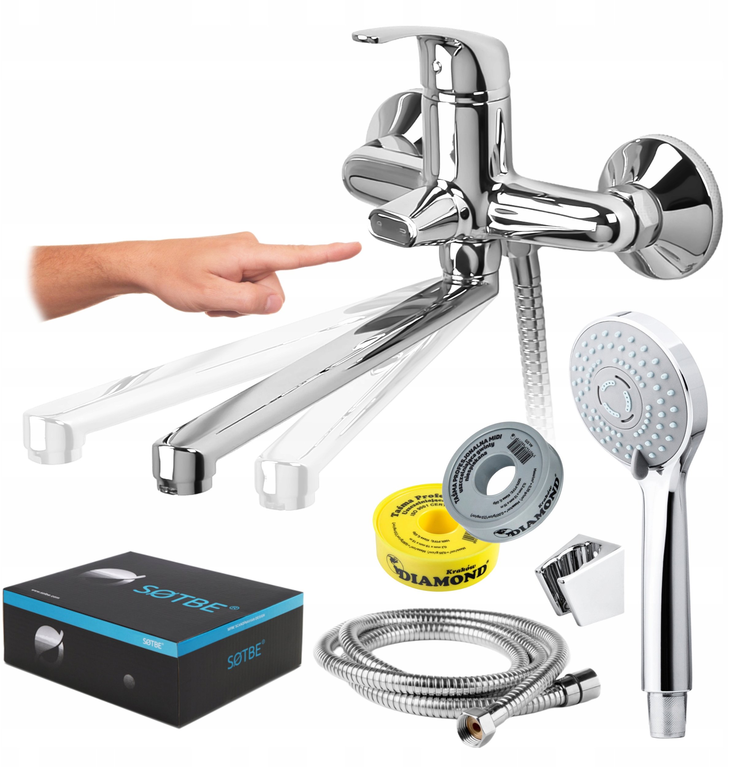 Kran wannowy ścienny Bateria do wanny z długą ruchomą wylewką 300 mm SOTBE