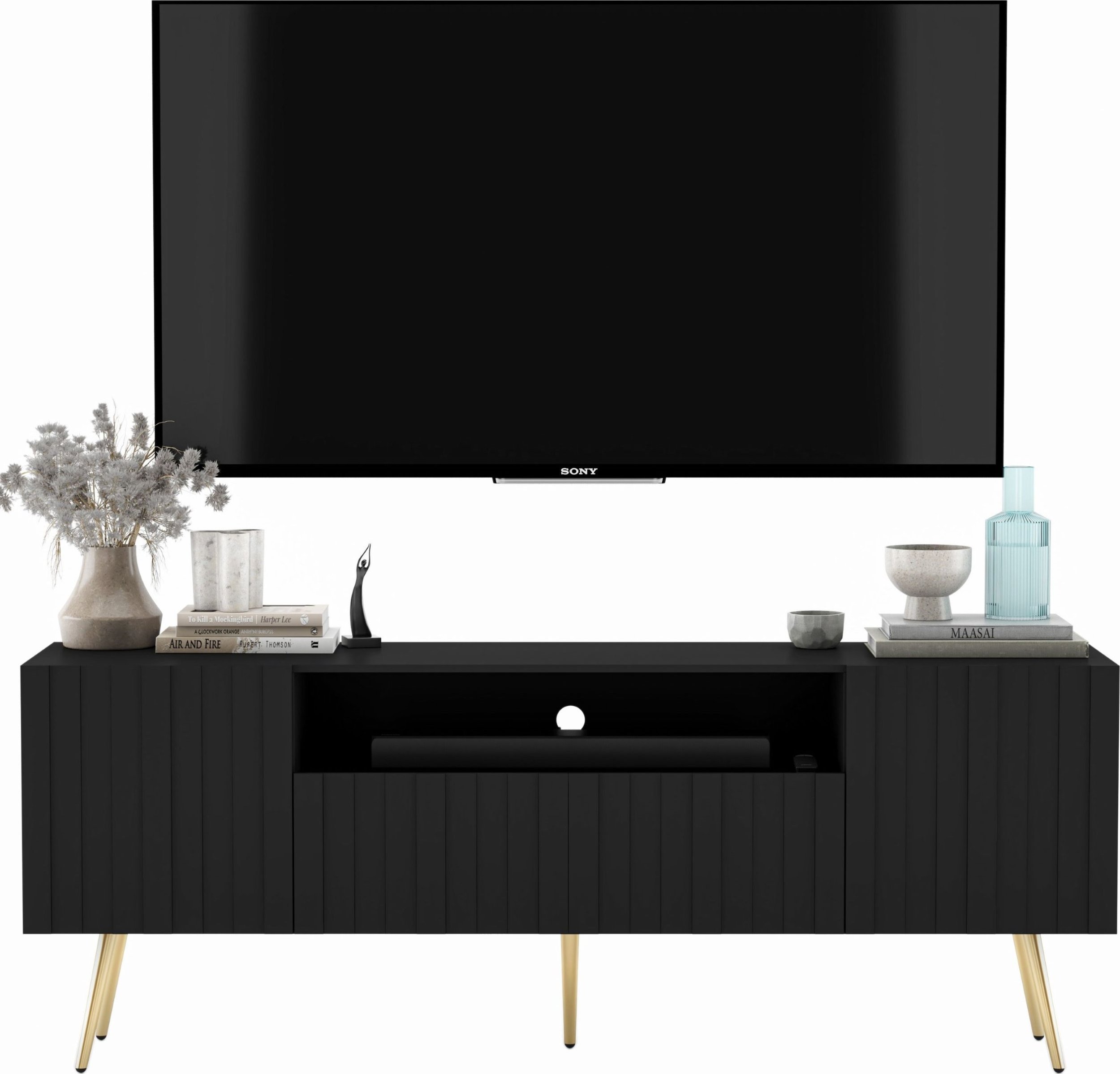 Meble Lindner Meble Lindner Loft Szafka RTV Czarny Mat Nowoczesna Komoda RTV Glamour 150 cm Ryflowane fronty Nogi Złote Metalowe