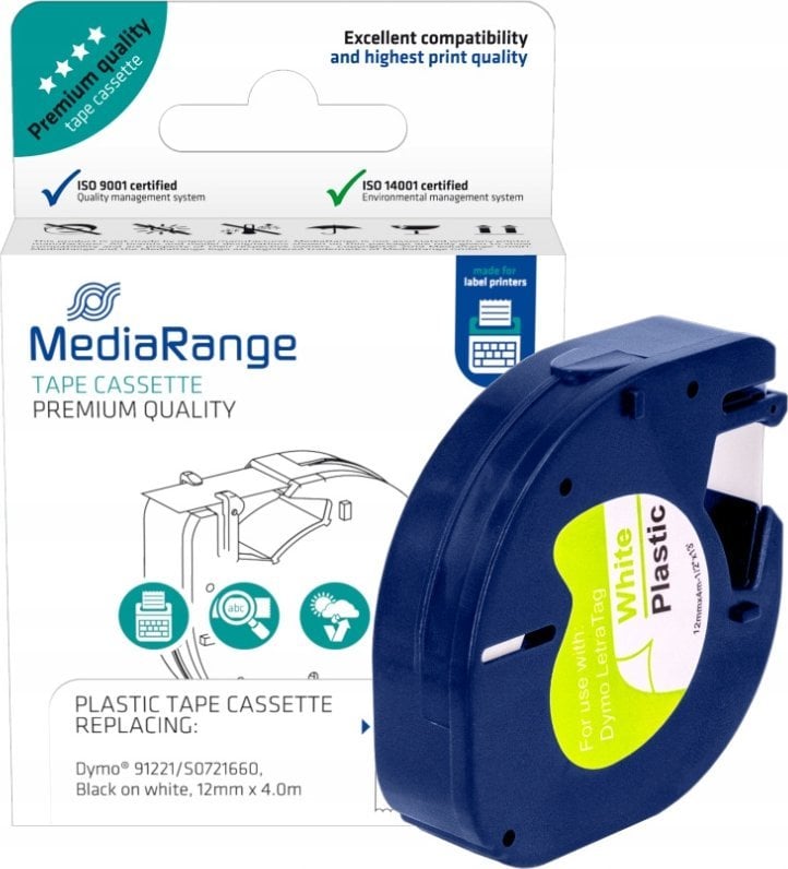 MediaRange Taśma do drukarek. komp. Dymo 12mmx4m laminowany czarny/biały