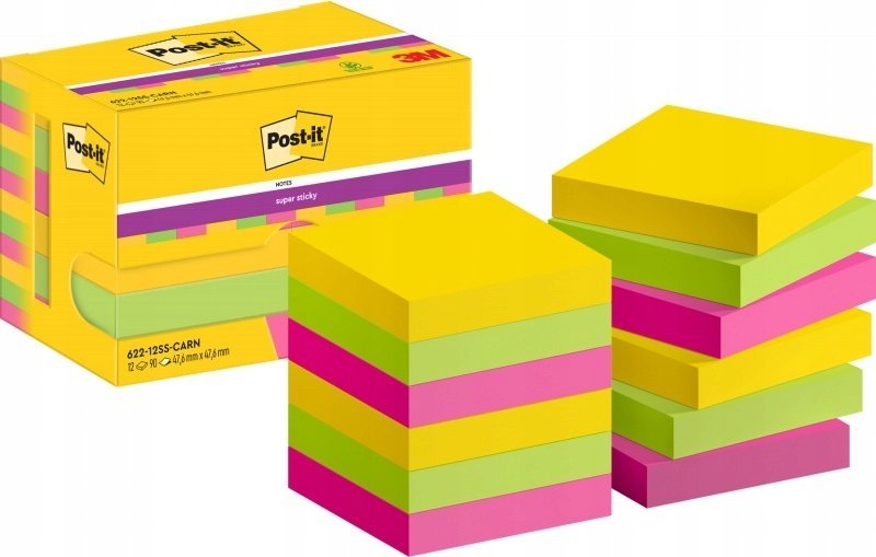 3M Post-It 622-12SS-CARN, Square, Green, Pink, Yellow, Paper, PEFC, 47.6 mm, 47.6 mm