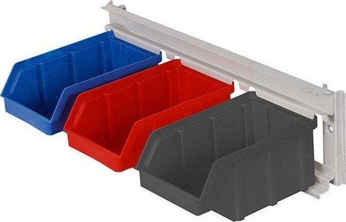 qBox Wieszak do zawieszania pojemników warsztatowych, wym. wieszaka 389 x 110 mm - 3 pojemniki (Pojemniki z pojemnikami)